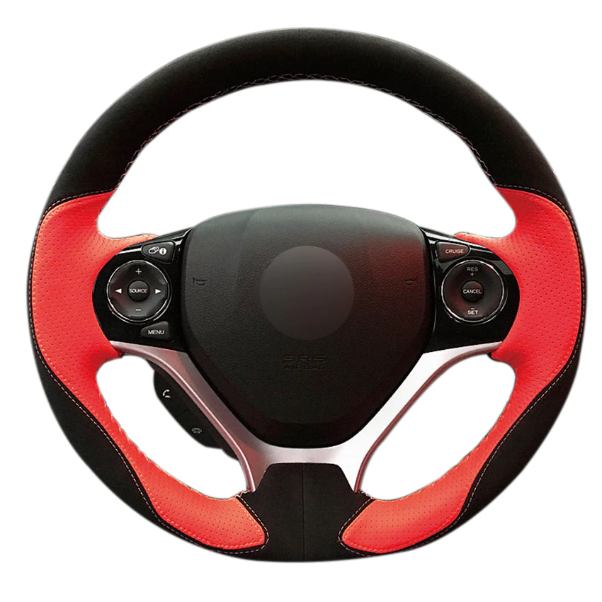 Red Genuine Leather Black Suede Hand-stitched Car Steering Wheel Cover for Honda Civic Civic 9 2012 2013 2014 2015