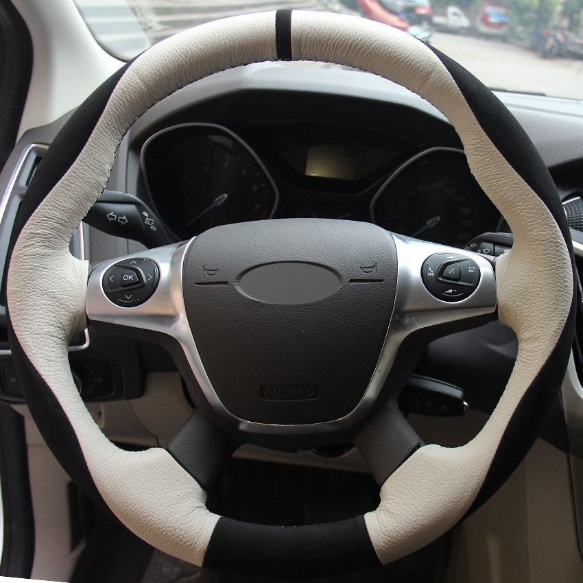 White Genuine Leather Black Suede Car Steering Wheel Cover for Ford Focus 3 2012-2014 KUGA Escape 2013-2016