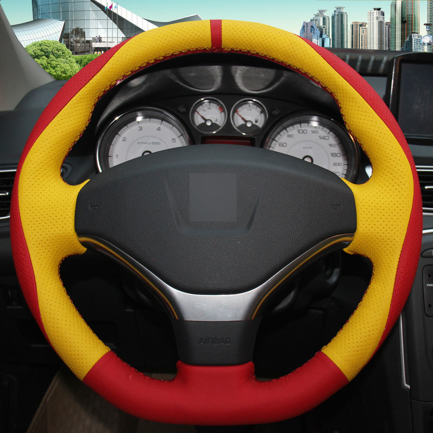 Red Yellow Genuine Leather Hand-stitched Car Steering Wheel Cover for Peugeot 308 2012 2013 2014