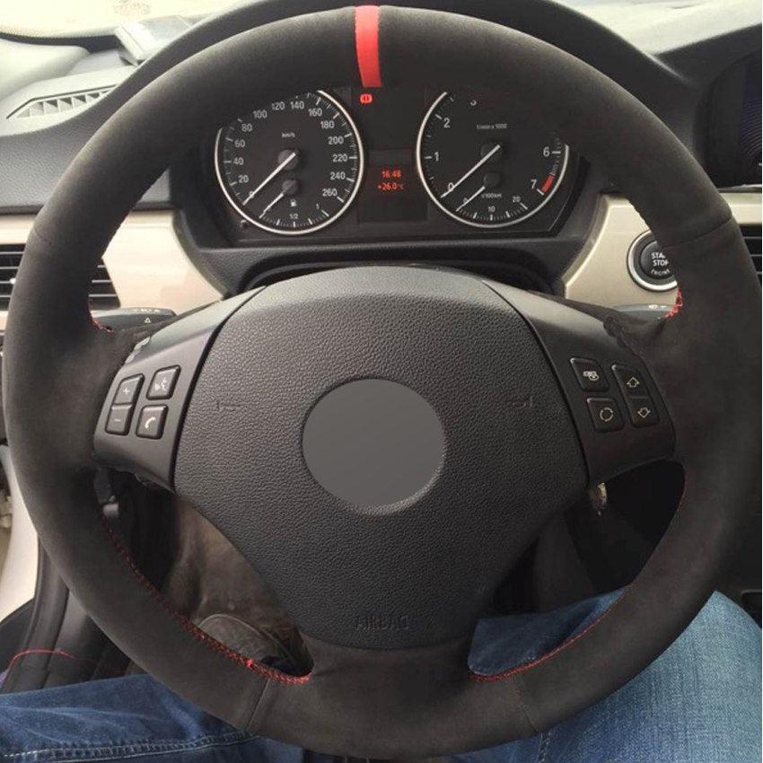 Black Suede DIY Hand-stitched Car Steering Wheel Cover for BMW E90 320 318i 320i 325i 330i 320d X1
