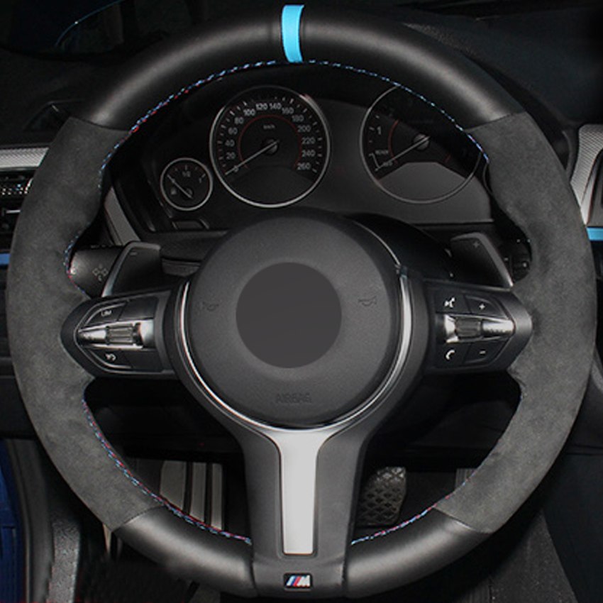 Hand-stitched Black Genuine Leather Suede Car Steering Wheel Cover for BMW F87 M2 F80 M3 F82 M4 M5 F12 F13 M6 F85 X5 M F86