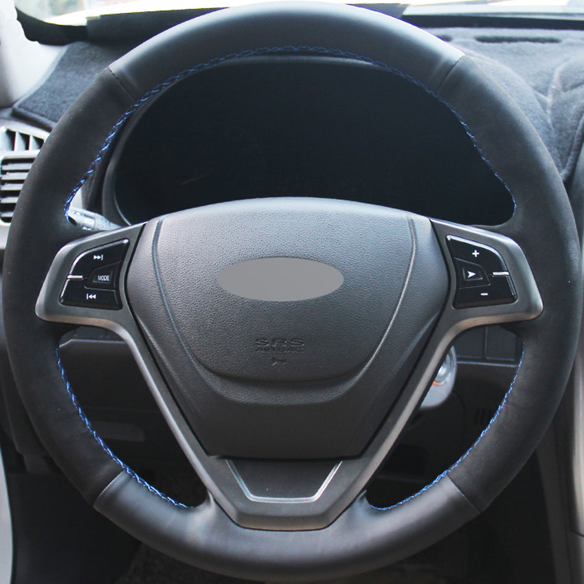 DIY Hand-stitched Car Steering Wheel Cover Black Genuine leather Suede for Chery Tiggo 2010-2013 Tiggo 3 2014 2015