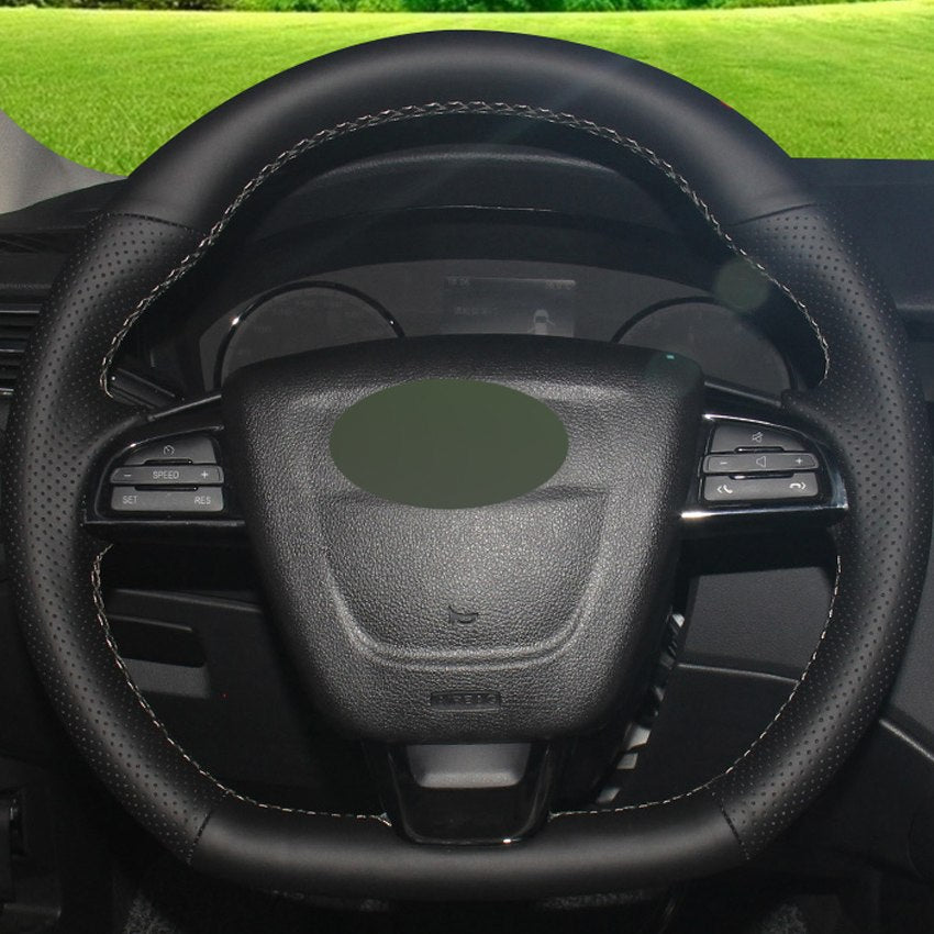 Black Genuine Leather DIY Hand-stitched Car Steering Wheel Cover for Qoros Qoros 3