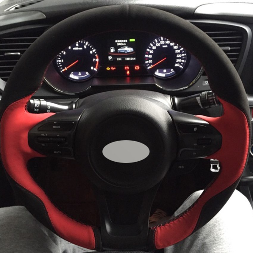 Black Red Suede DIY Hand-stitched Car Steering Wheel Cover for Kia K5 Optima 2014 2015