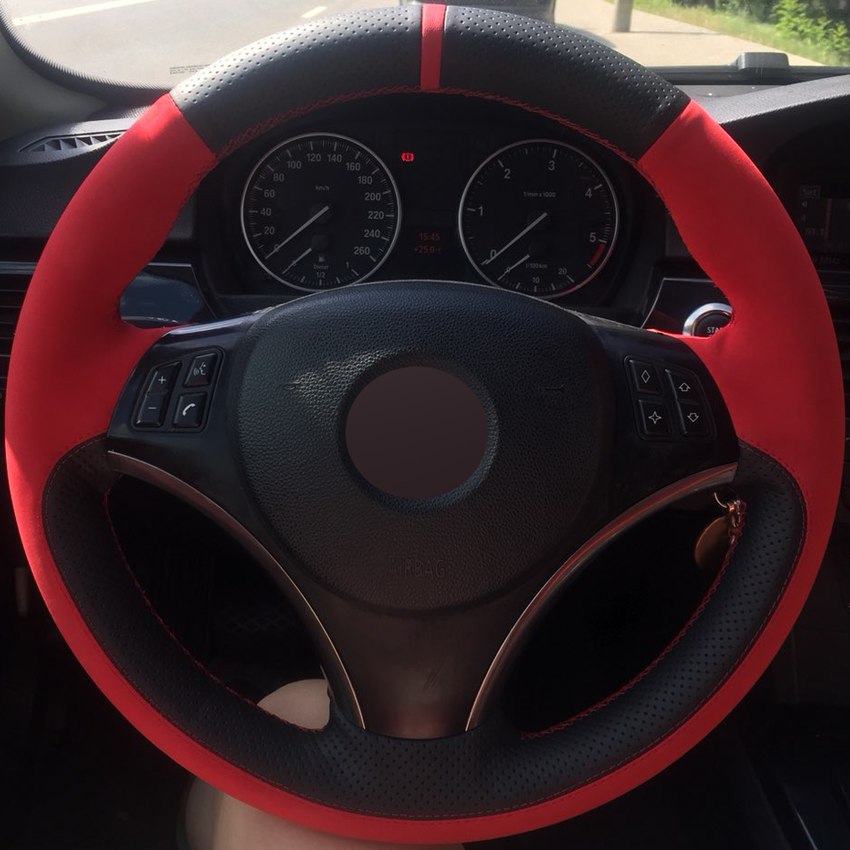 DIY Hand-stitched Black Genuine Leather Red Suede Car Steering Wheel Cover for BMW E90 320i 325i 330i 335i