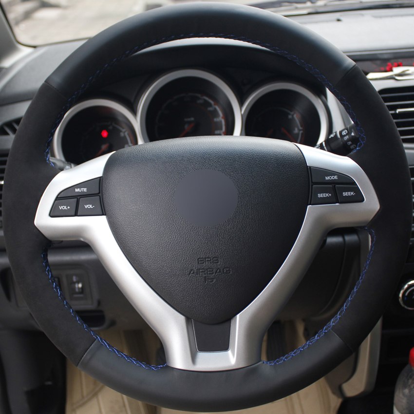 Black Suede Black Genuine Leather DIY Hand-stitched Car Steering Wheel Cover for Changan CX20