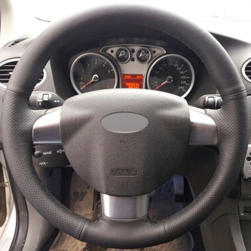 Black Genuine Leather Hand-stitched Car Steering Wheel Cover for Ford Focus 2 2005-2011(3-Spoke) Focus 3 Focus RS 2008-2011
