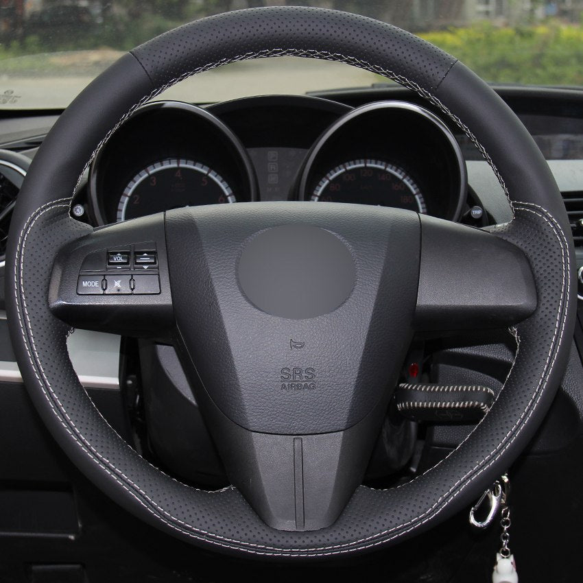Black Genuine Leather Hand-stitched Car Steering Wheel Cover for 2011-2013 Mazda 3 Mazda CX7