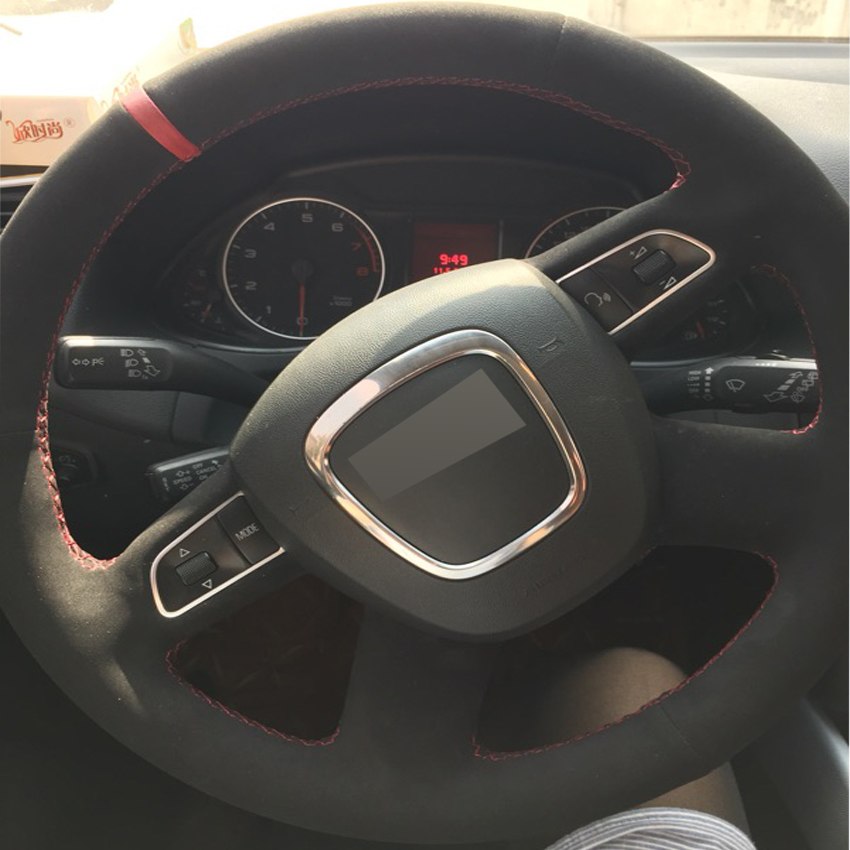 Black Suede DIY Hand-stitched Car Steering Wheel Cover for Audi Old A4 B7 B8 A6 C6 2004-2011 Q5 2008-2012 Q7 2005-2011