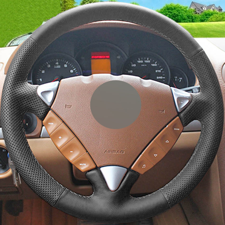 Black Genuine Leather DIY Hand-stitched Car Steering Wheel Cover for Porsche Cayenne 2007-2010