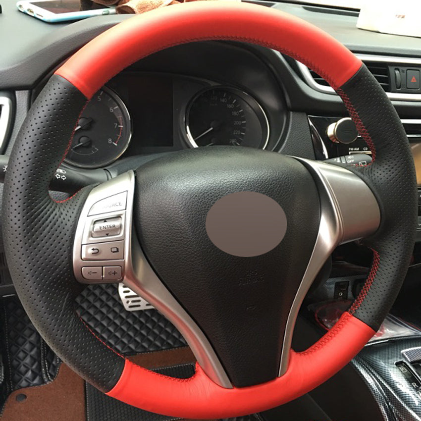 Black Red Genuine Leather Hand-stitched Car Steering Wheel Cover for Nissan Teana Altima 2013-2016 X-Trail QASHQAI Rogue
