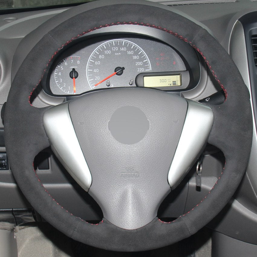 All Black Suede Hand-stitched Car Steering Wheel Cover for Nissan Tiida Sylphy Sentra Versa Note 2014-2017