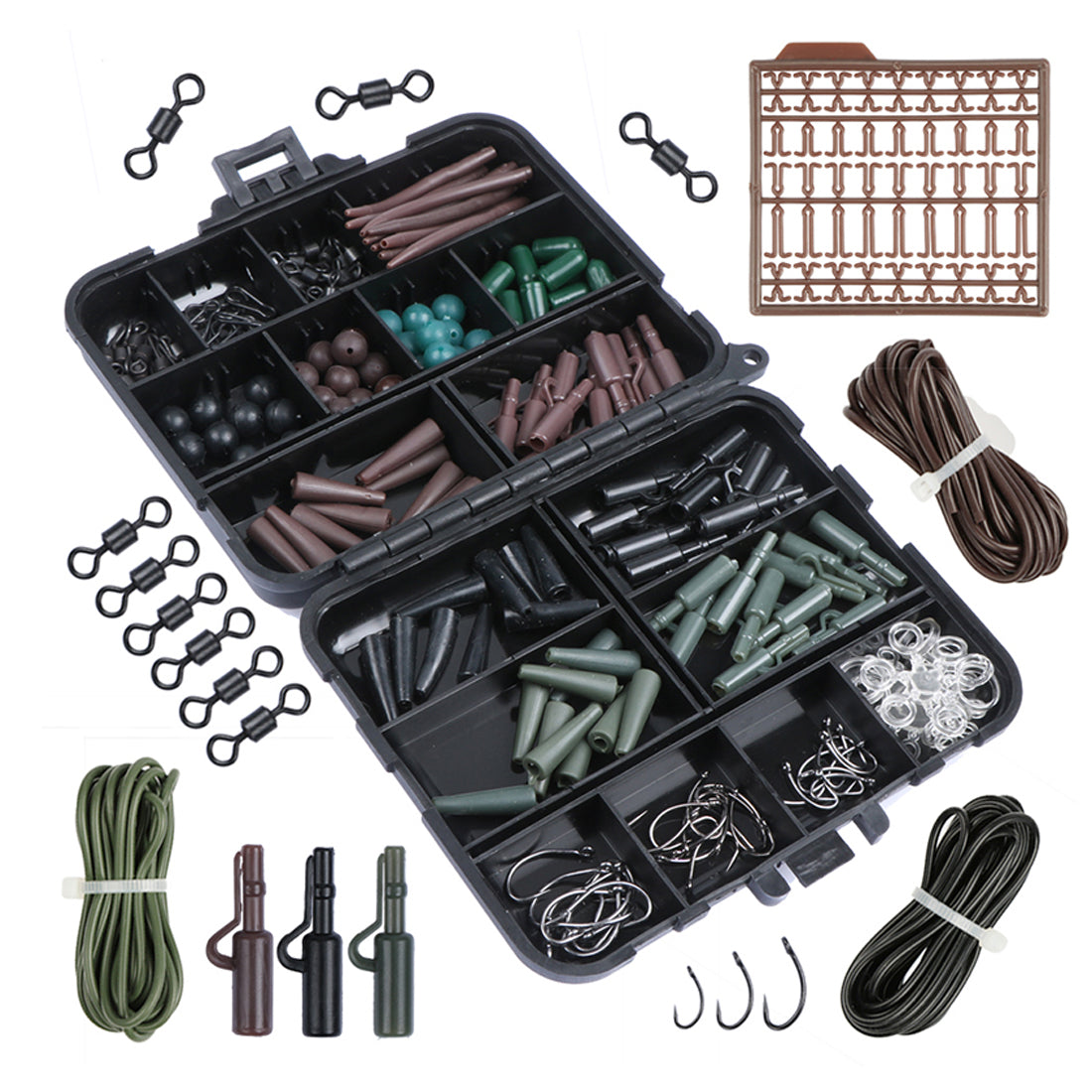 INFOF 187Pcs-set Carp Fishing swivels Set Carp Tubes Safety Clips Hooks Swivels Kit Hair rigs With Hard Plastic Tackle Box