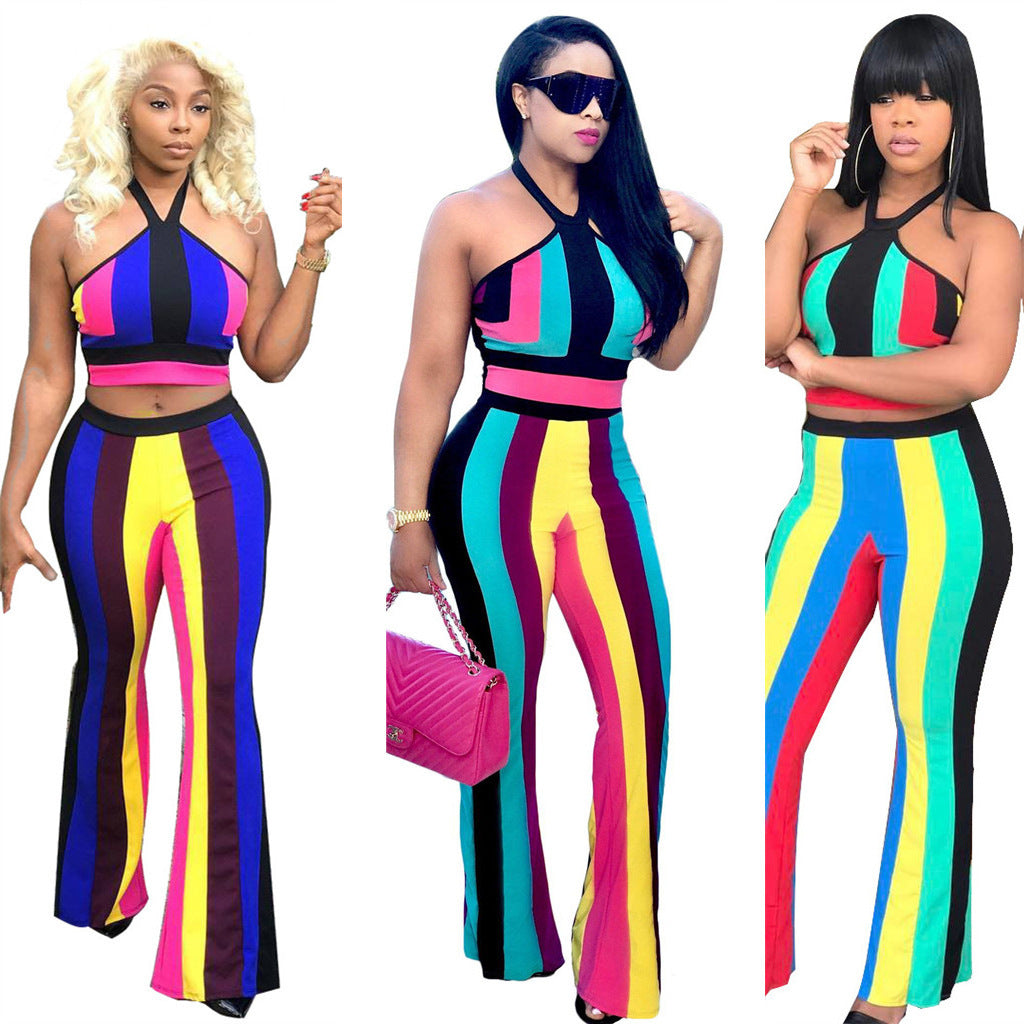 In the US and foreign trade women&#039;s wear three color optional Rainbow Stripes suspenders Vest + trousers two piece.