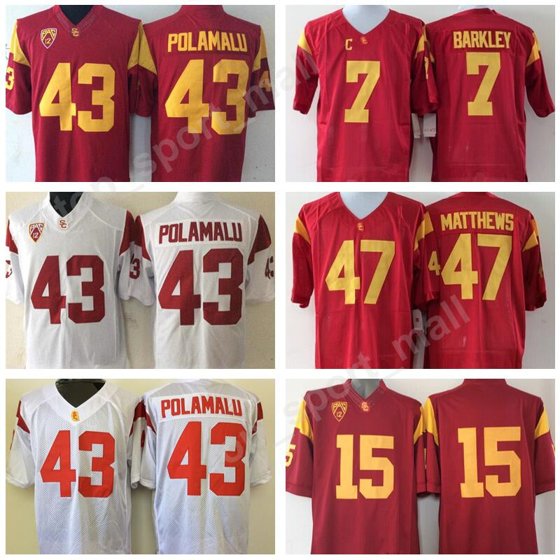 USC Trojans Jersey 7 Matt Barkley 15 Michael Bowman 43 Troy Polamalu 47 Clay Matthews NCAA Football Jerseys College PAC 12 Red White