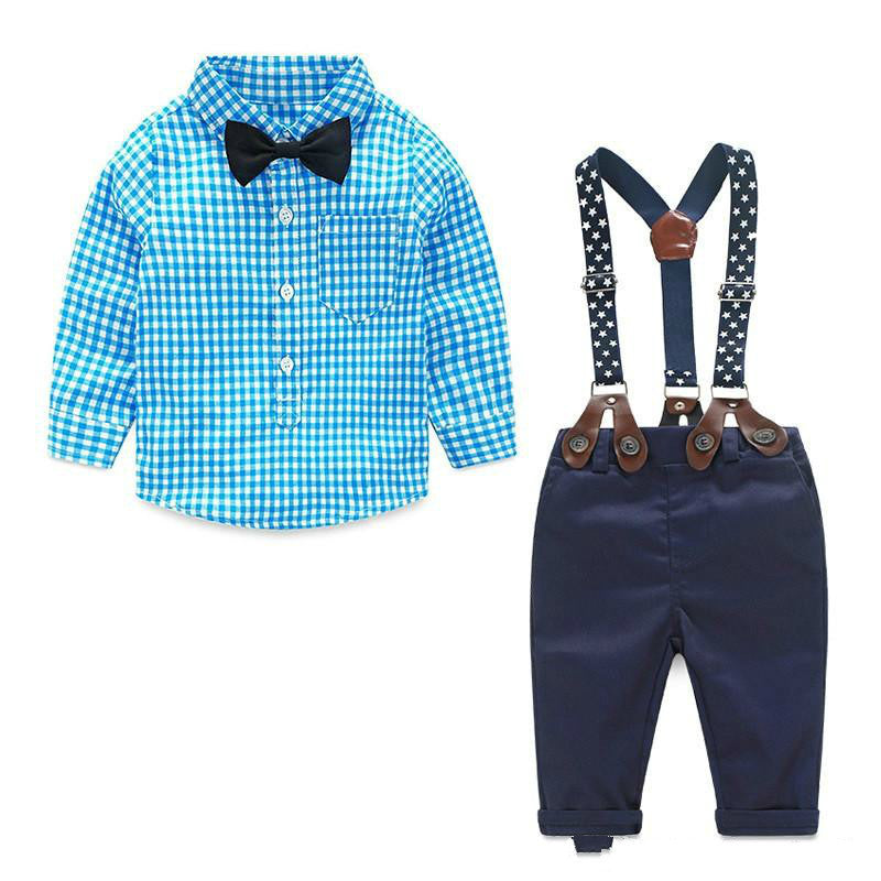 Baby Boy Clothes Spring Newborn Baby Sets Infant Kids Clothing Gentleman Suit Plaid Shirt Bow Tie Suspend Trousers 2pcs Suits