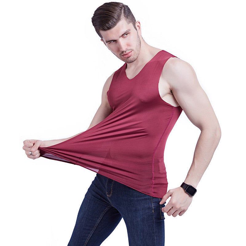 Summer Men Vest Ice Silk Modal Breathable Chiffon thin Tank Tops Elastic slim sleeveless V neck wine white solid color Active Brave Strong