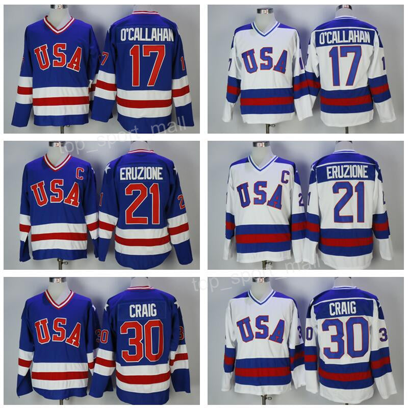 1980 USA Hockey Jersey National Team 30 Jim Craig Jerseys 21 Mike Eruzione 17 Jack O&#039;Callahan Callahan Blue White Year Miracle On Stitched Good