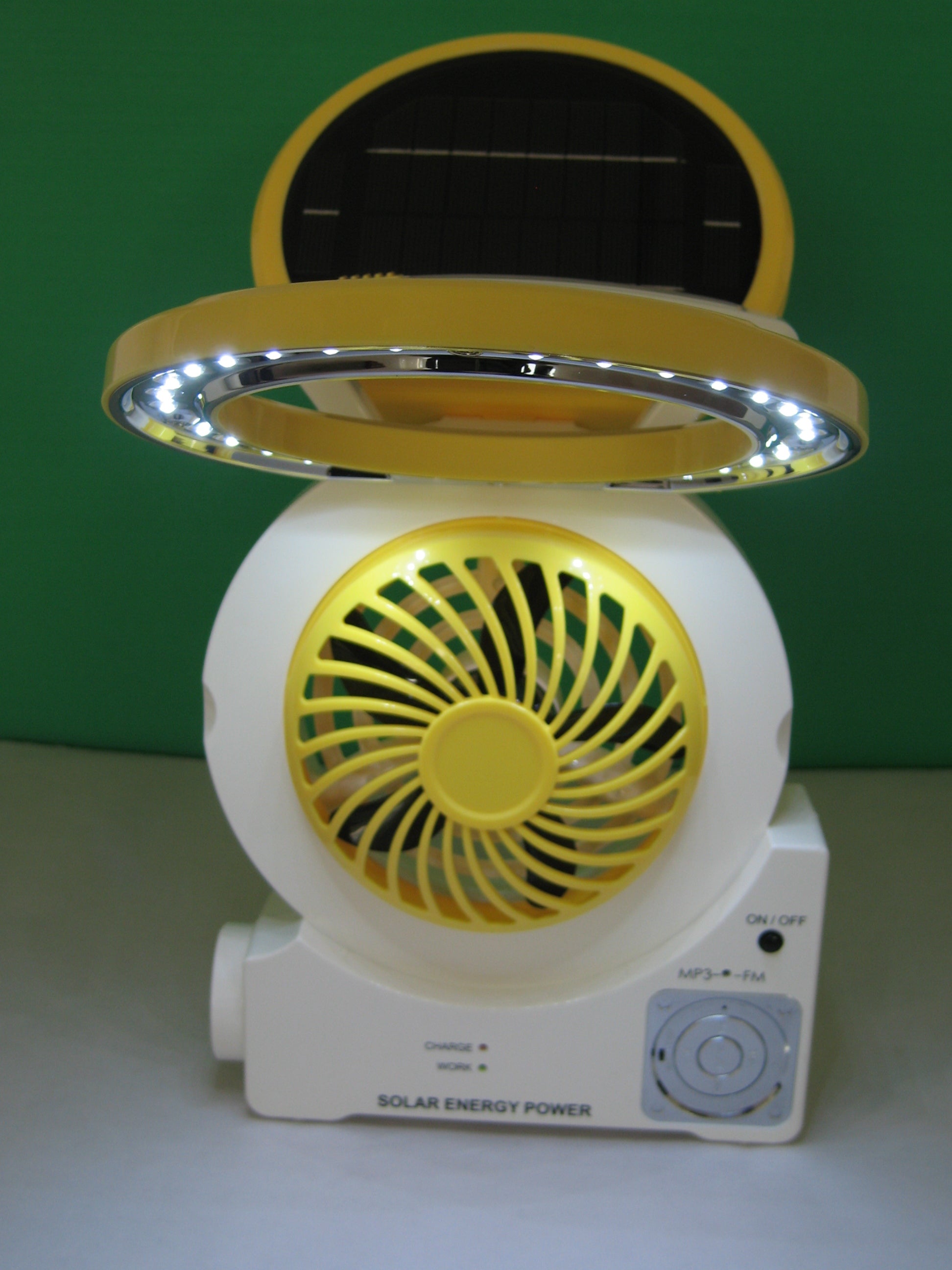 LED Desk Lamp with Solar Panel, lithium rechargeable battery, Motorised Fan, FM Radio, spot light