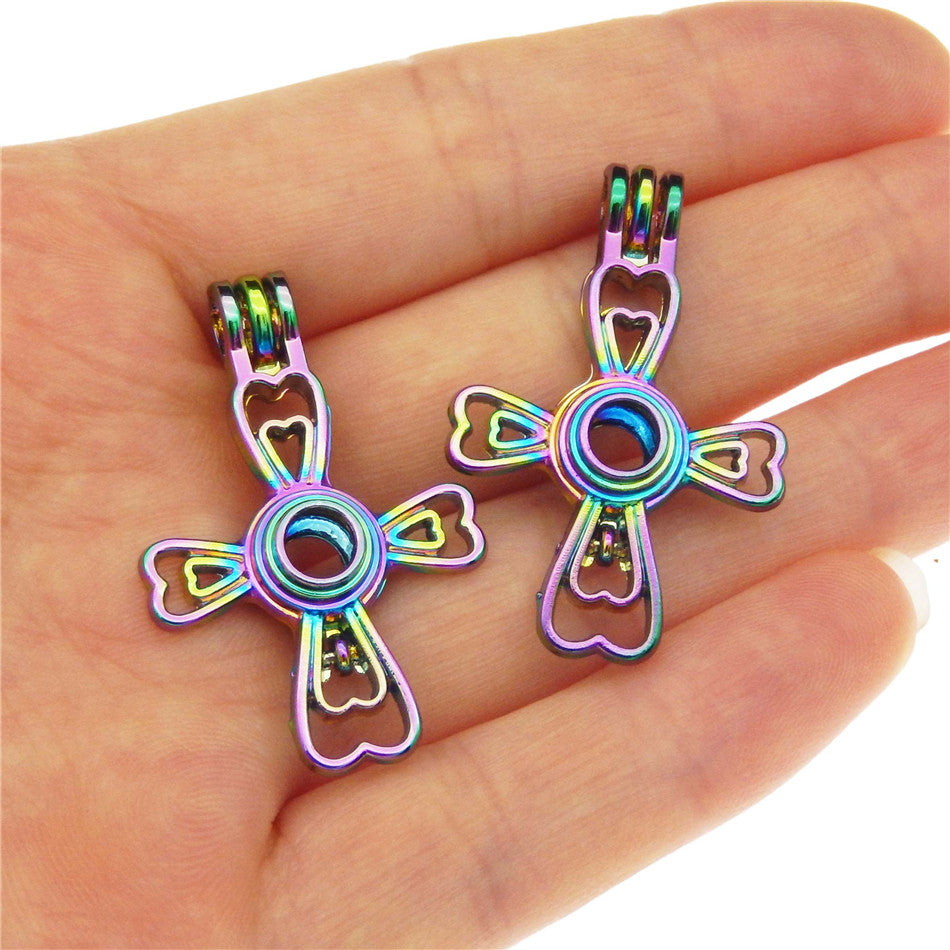 10pcs Rainbow Color Cross Flower Pearl Cage Beads Cage Locket Pendant Essential Oil Diffuser DIY Jewelry Locket For Oyster Pearl