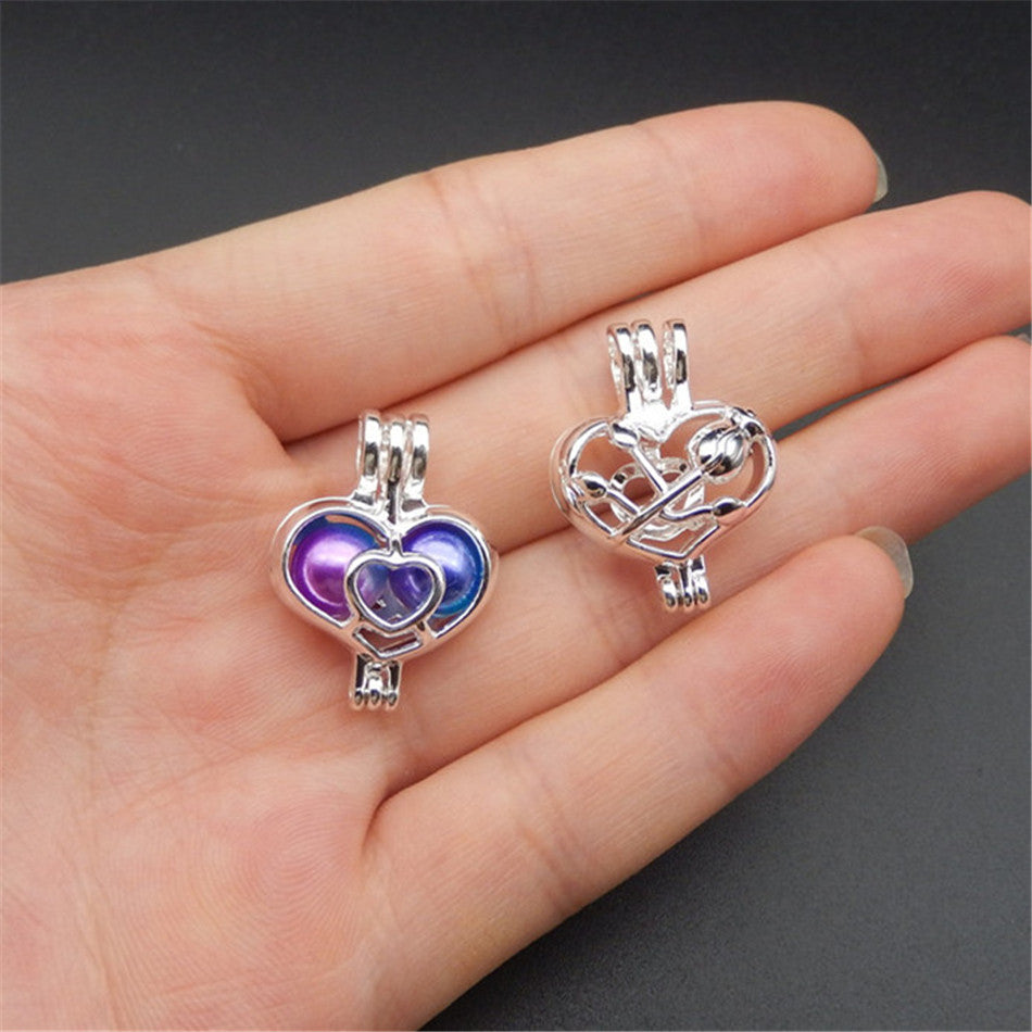 10pcs Silver Rose in Heart Pearl Cage Jewelry Making Supplies Bead Cage Pendant Essential Oil Diffuser Locket For Oyster Pearl