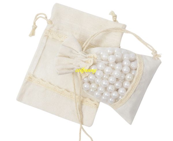 200pcs-lot 10x14cm Transparent PVC Window Lace Cotton Burlap Bag Jewellery beads Drawstring Pouch Wedding gift bags