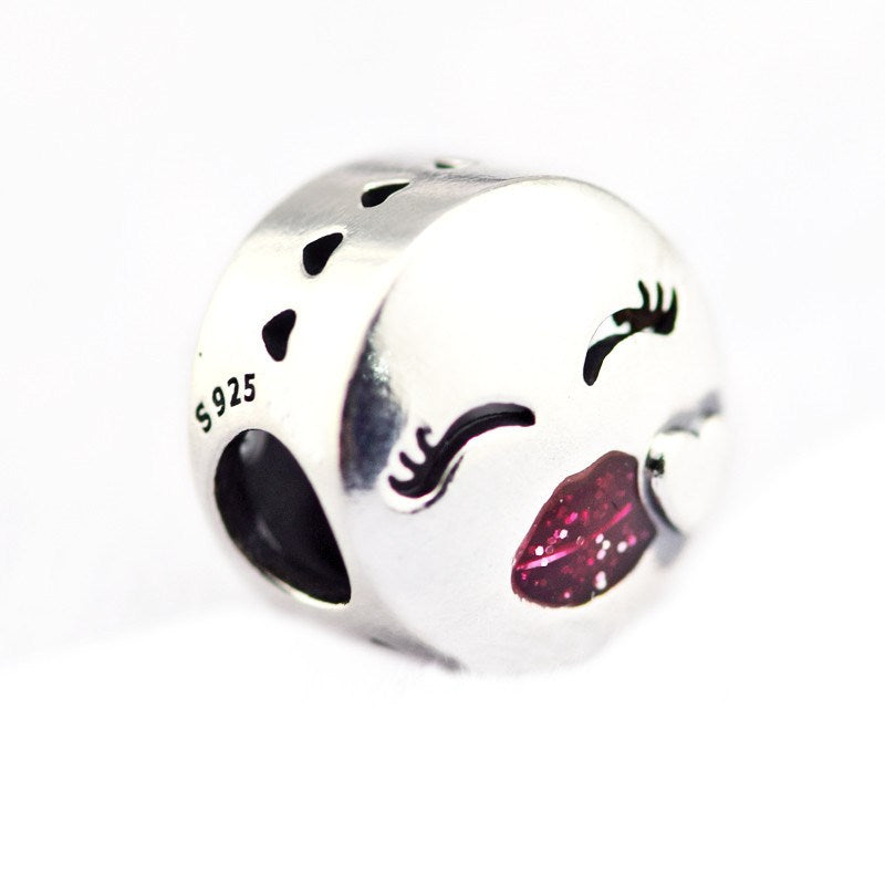 2018 Spring 925 Sterling Silver Jewelry Kiss Charm, Cerise Glitter Enamel Charms Original Beads Fits women Jewelry Making Pandora Bracelets