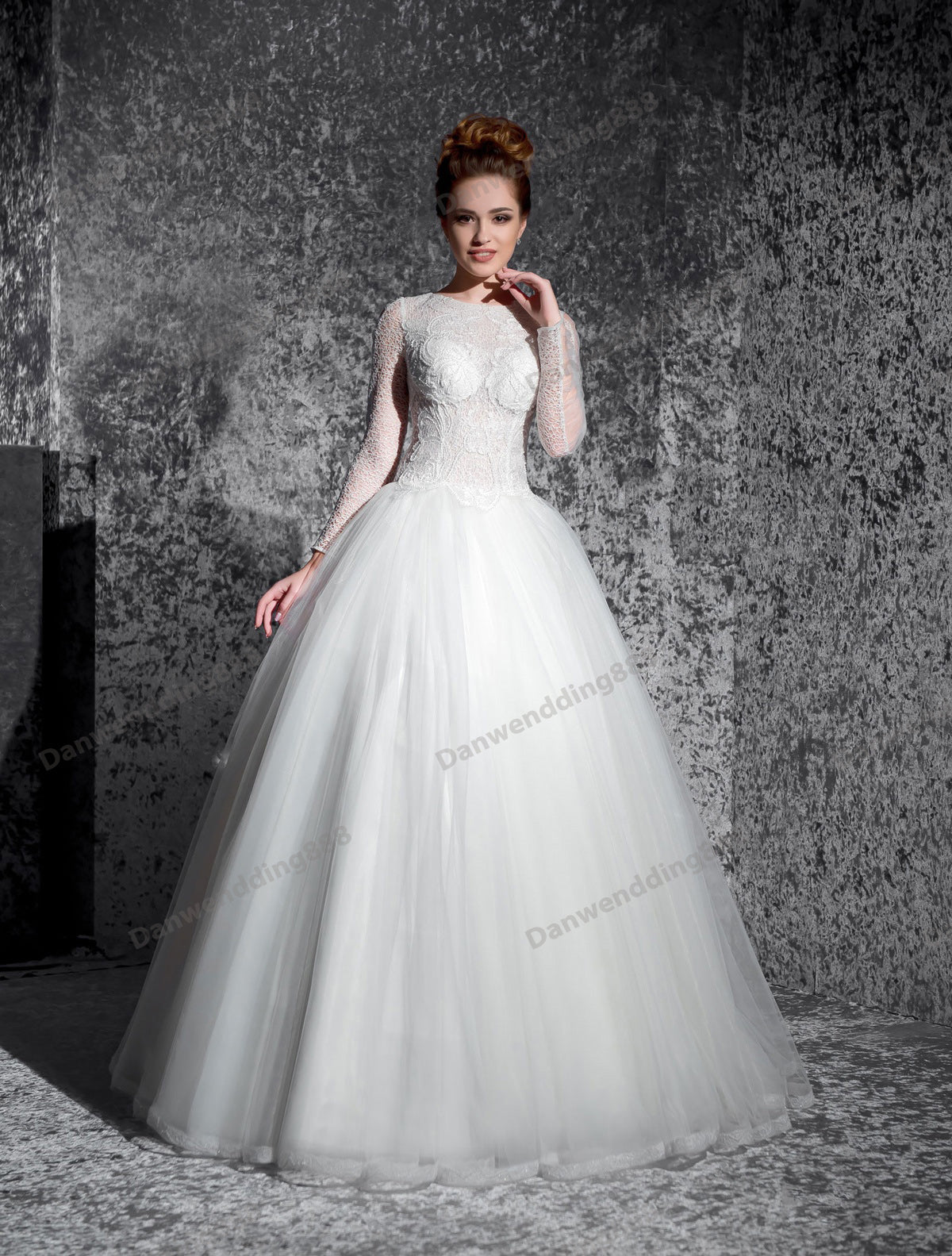 Elegant White Lace-Tulle Long Sleeves A-Line Wedding Dresses Bridal Pageant Dresses Wedding Attire Dresses Custom Size 2-16 ZW607027