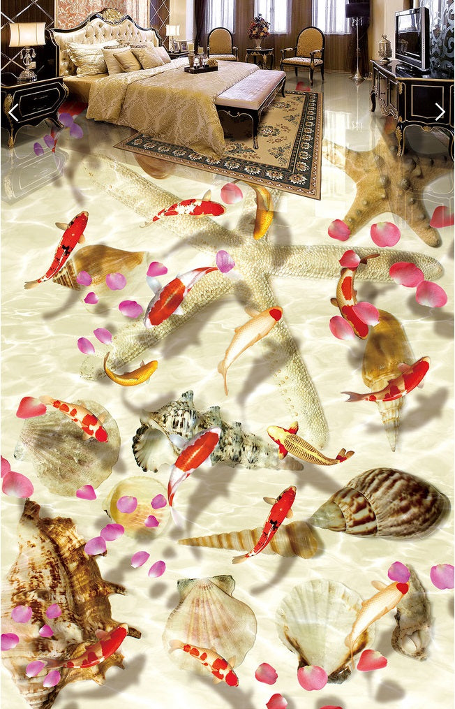 3d pvc flooring custom photo wall paper Waterproof floor sticker Starfish shell with watermarked carp 3d wall murals wallpaper for walls 3 d