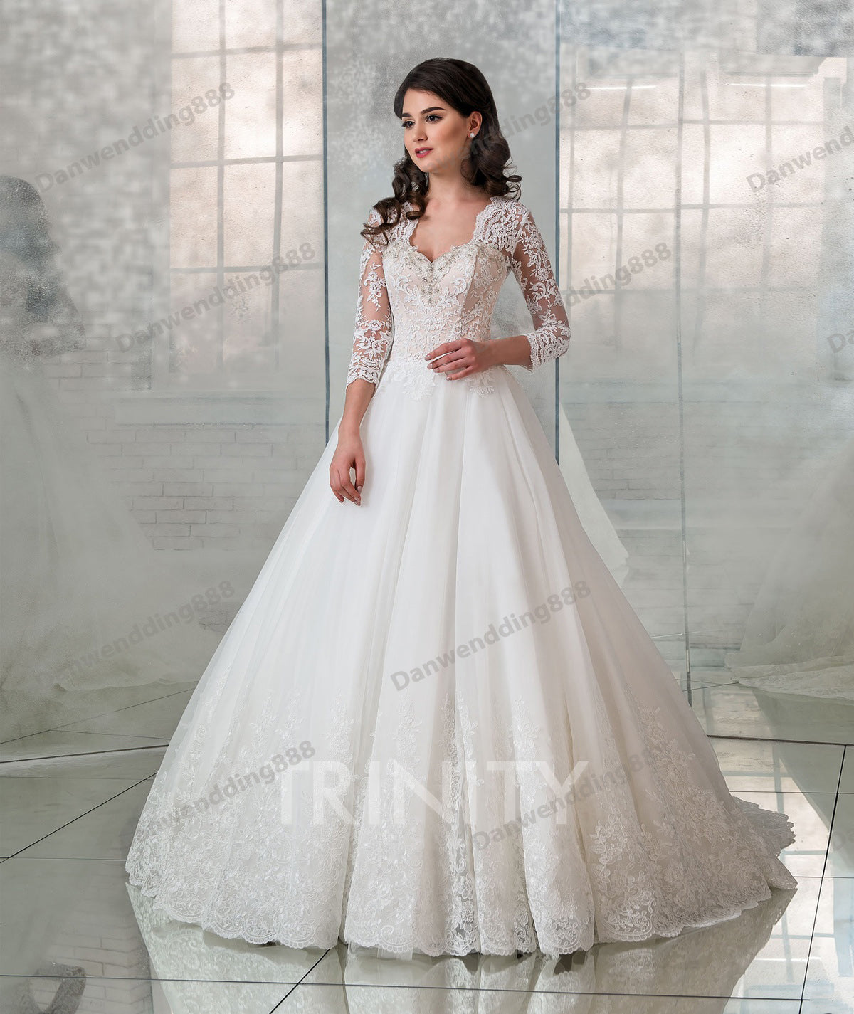 Grace Ivory&Champagne 3-4 Sleeves Applique A-Line Wedding Dresses Bridal Pageant Dresses Wedding Attire Dresses Custom Size 2-16 ZW712163.