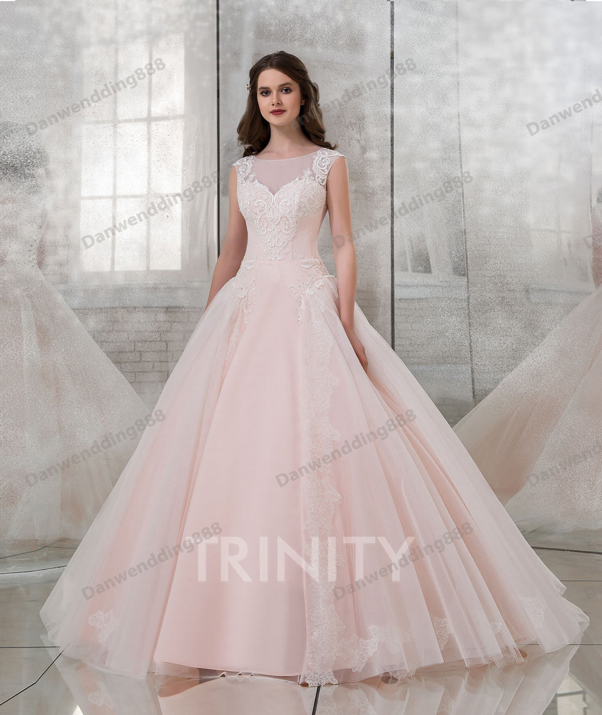 Romantic Pink Tulle Lace Scoop Applique A-Line Wedding Dresses Bridal Pageant Dresses Wedding Attire Dresses Custom Size 2-16 ZW712183