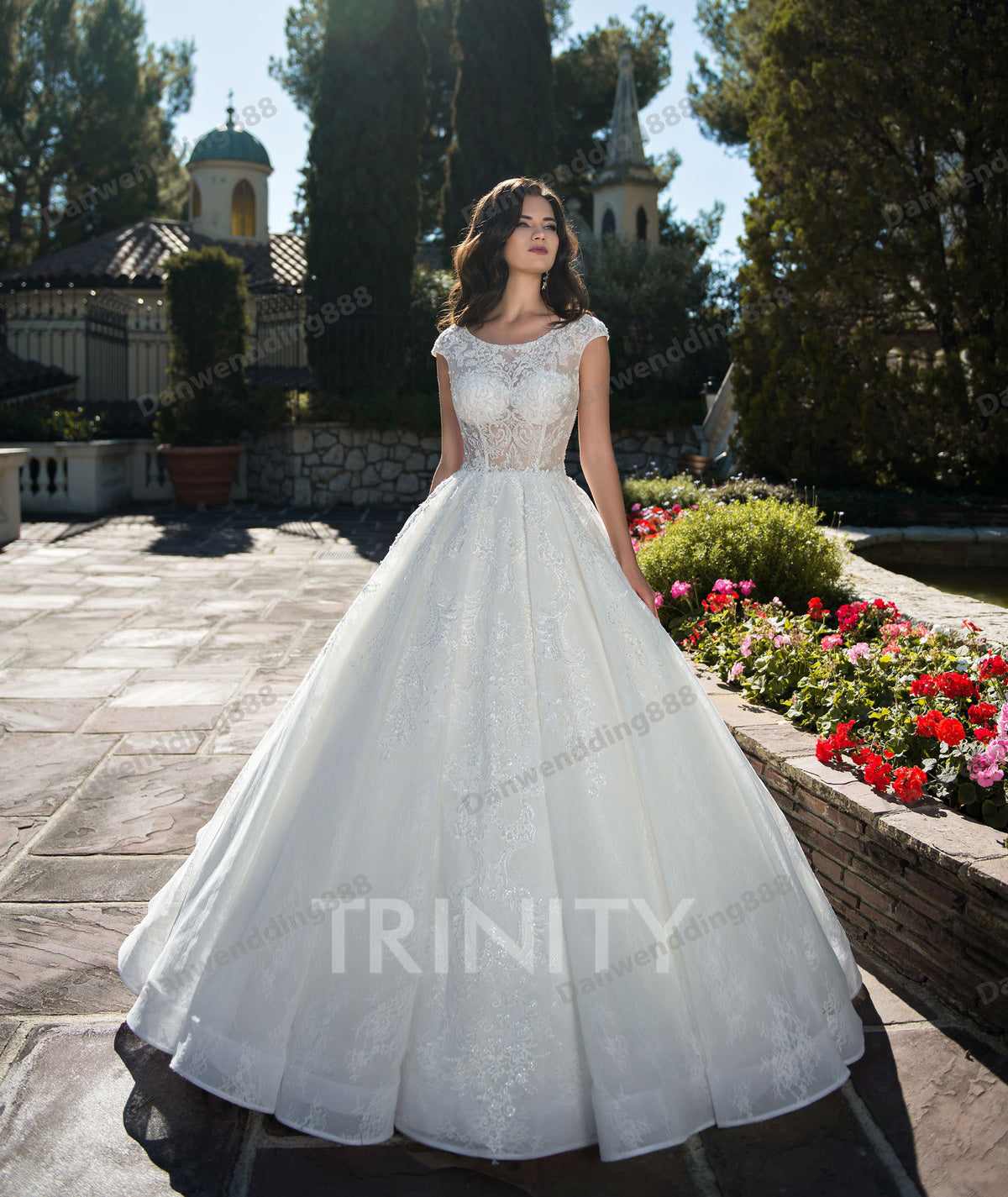 Shinning White Lace-Tulle Applique A-Line Beach Wedding Dresses Bridal Pageant Dresses Wedding Attire Dresses Custom Size 2-16 ZW712201