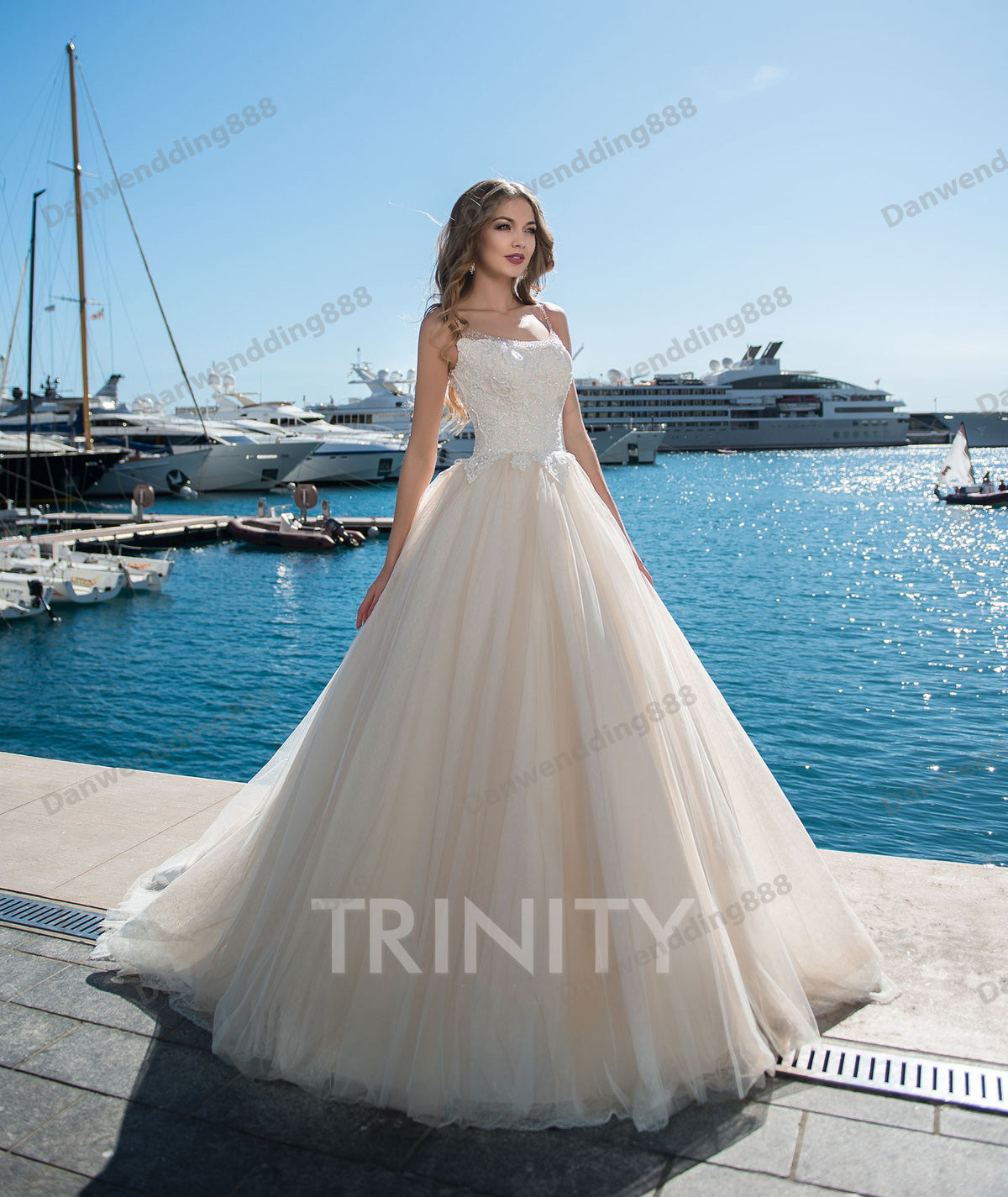 Beauty Champagne&Ivory Straps Applique A-Line Beach Wedding Dresses Bridal Pageant Dresses Wedding Attire Dresses Custom Size 2-16 ZW712202