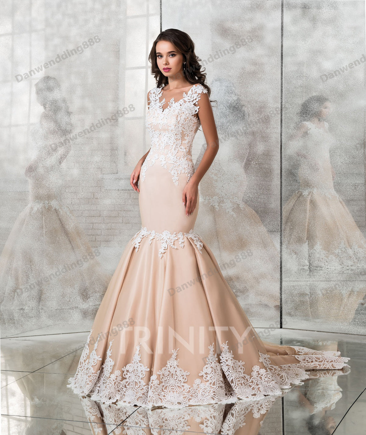 Elegant Champagne Satin-Tulle Applique Mermaid Wedding Dresses Bridal Pageant Dresses Wedding Attire Dresses Custom Size 2-16 ZW713256