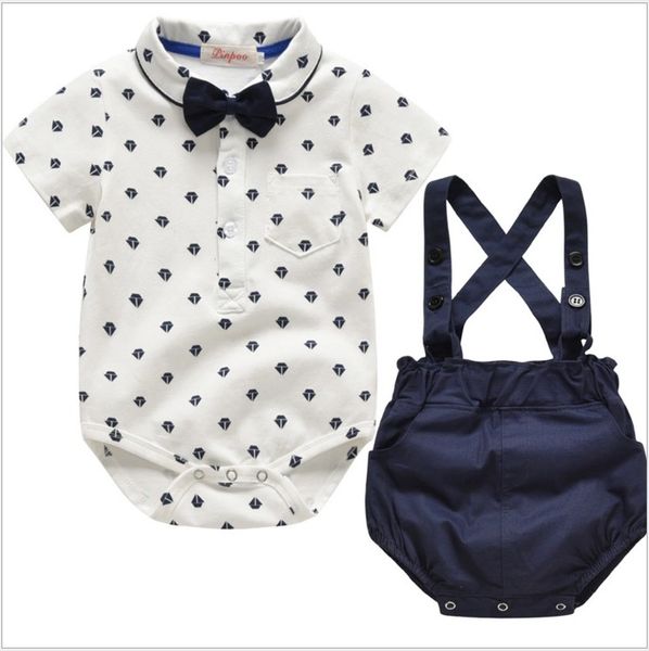 Summer Gentleman Style Baby Boys Clothing Sets Rompers+suspender Shorts+bowtie 3pcs Set Toddler Suits Infant Outfits Kids Clothes 8sets-lot