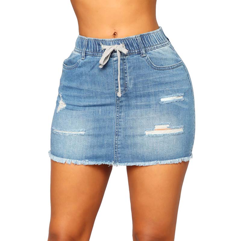 Women Denim Skirt Ripped Hole Tassels High Elastic Mid waist jeans Shorts Skirts Belt A-line Casual Female mini