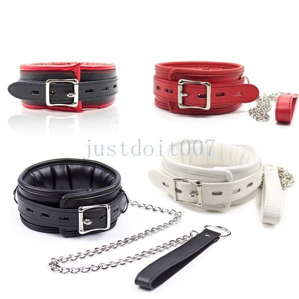 Bondage Lockable Padded Leather Restraint Neck Collar Chain Leash Roleplay Choker slave #R98