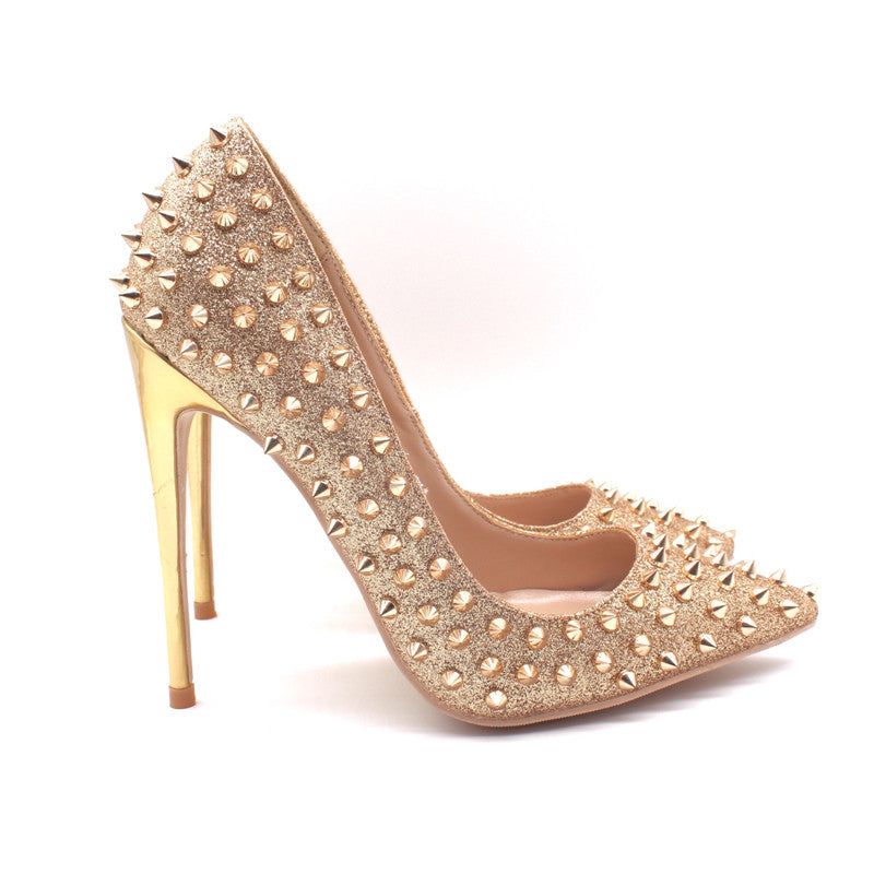 Free Shipping women lady woman 2019 red gold Glitter spikes Rivets Poined Toes Wedding heels Stiletto High Heels shoes pump bottom 12cm 10cm