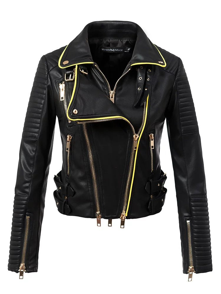 2018 New Women Motorcyle & Biker Faux Leather Jackets and Coats Lady Slim Fit Turn-down Collar Streetwear Outerwear high quality