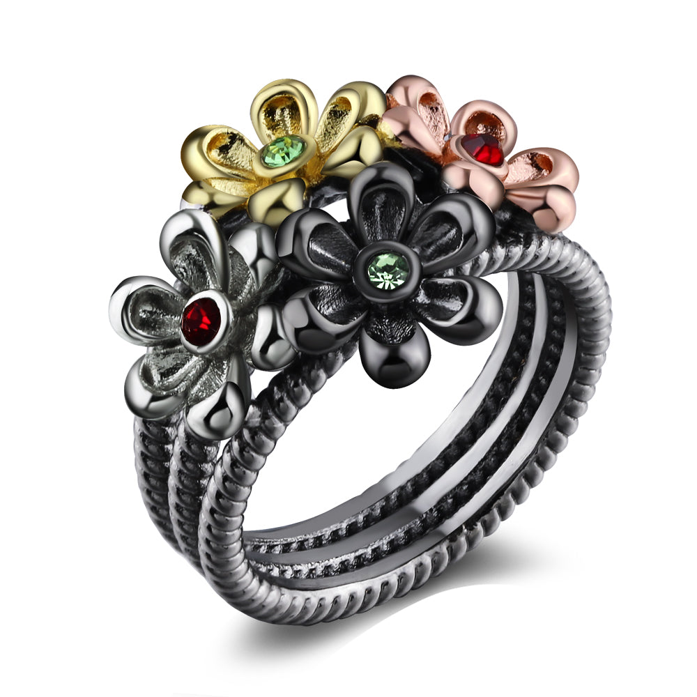 New flower rings multi color Black trendy jewelry cute jewellery high quality 4 tones female fashion ring