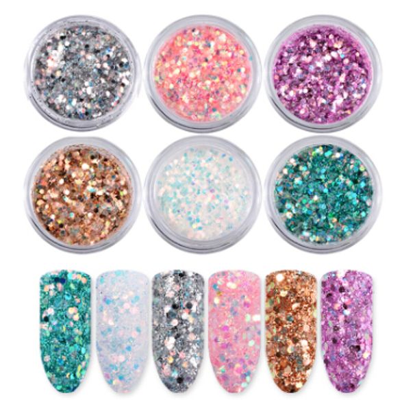DIY Laser Mixed Nail Glitter Sequins Shinning Colorful Nail Flakes 3d Charm Dust For Nail Art Decorations 6 boxes-set