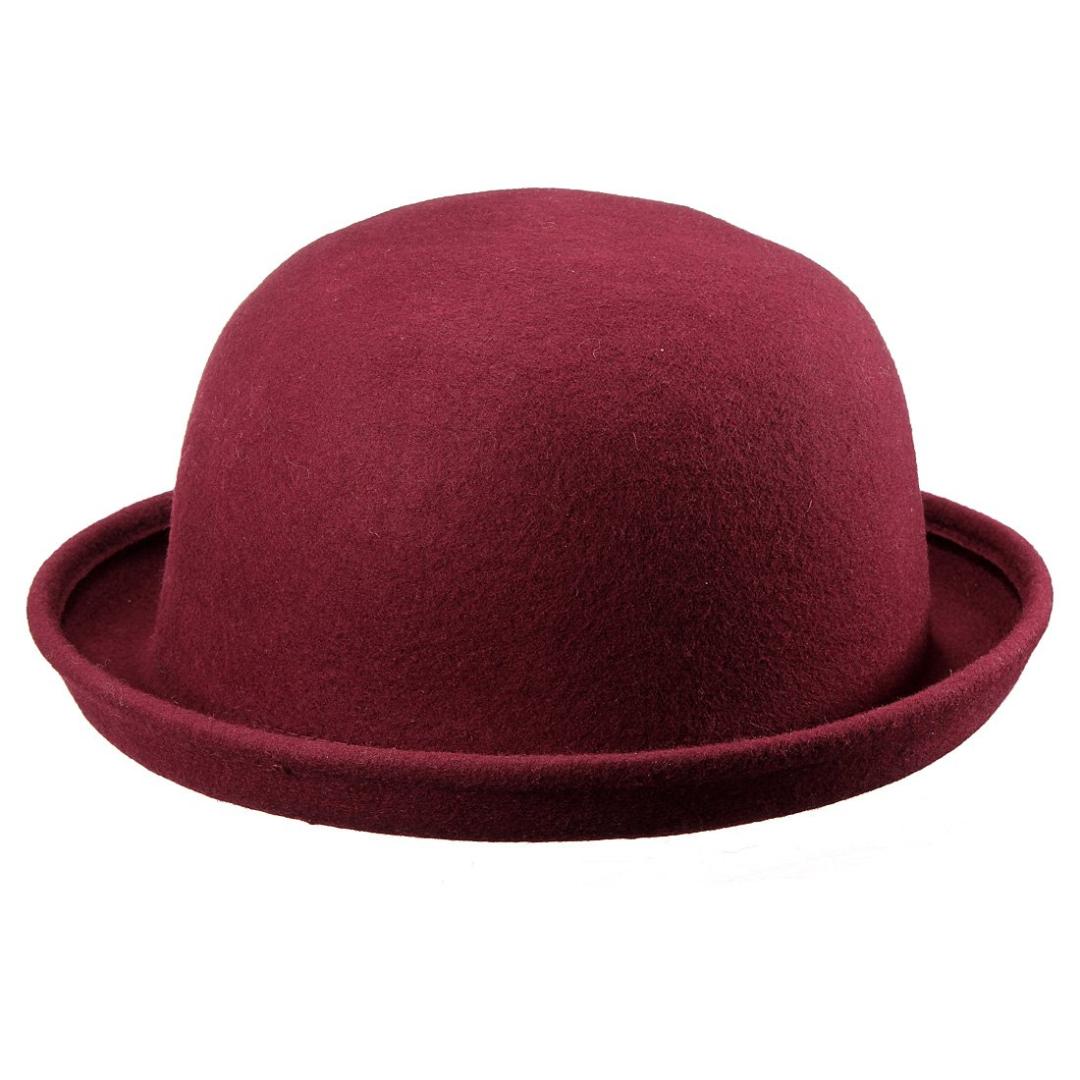 EAS-Wool Felt Hat On With Edges bell Woman Man Bowler Hats wine red