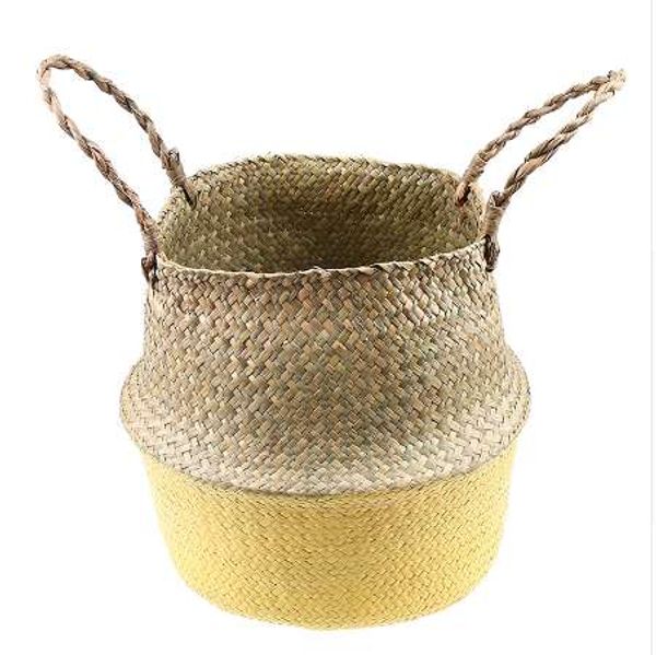 WHISM Hanging Decorative Flower Pots Straw Folding Basket Flowerpot Wicker Basket Handmade Rattan Nursery Pot Garden Pot Planter