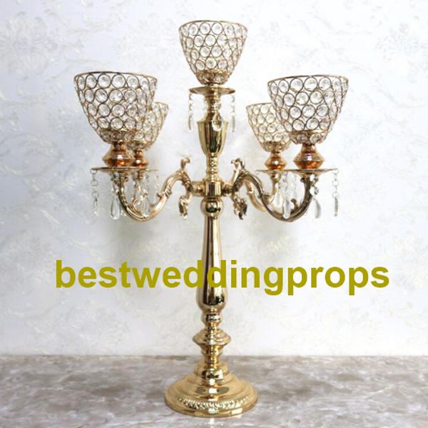 new 5-arms Candle Holders Metal Candelabras Gold Finish Candlesticks With Crystal Pendants Candle Holder Wedding Party Event Decor best0271