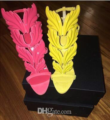 Amazing Lady Angel Wings Black Nude Thin High Heels Sandals Gladiator Rome Wedge Women Golden Leaf Leather Pumps Shoes