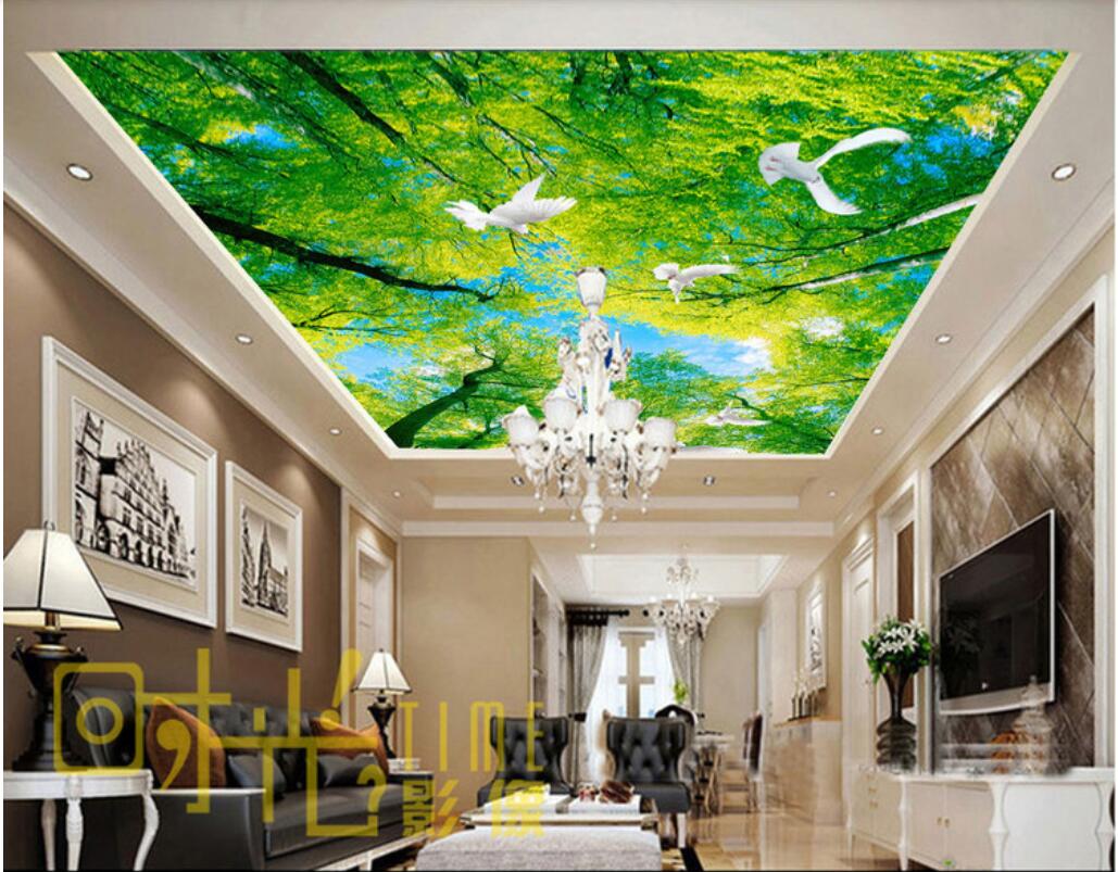 3d ceiling murals wallpaper custom photo non-woven wall murals Looking up at green sunny woods, highland mood, ceiling, wall decoration