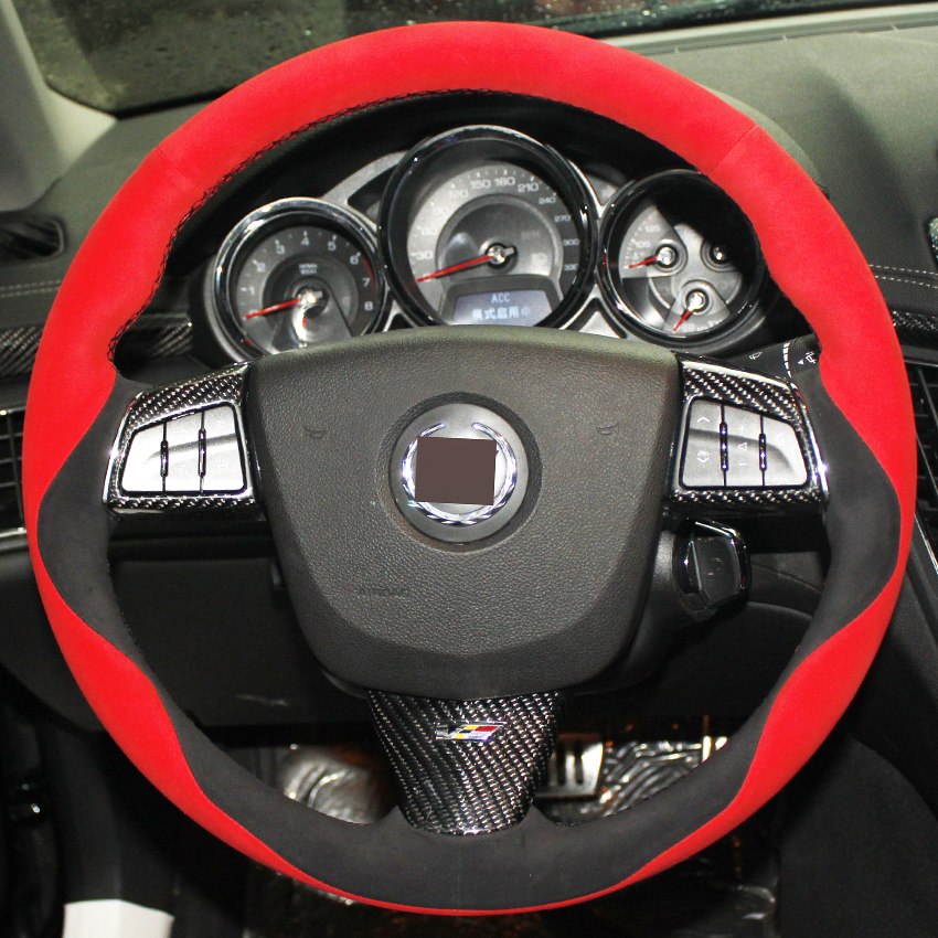 Black Red Suede DIY Hand-stitched Car Steering Wheel Cover for Cadillac ATS 2013-2015 CTS 2014-2016