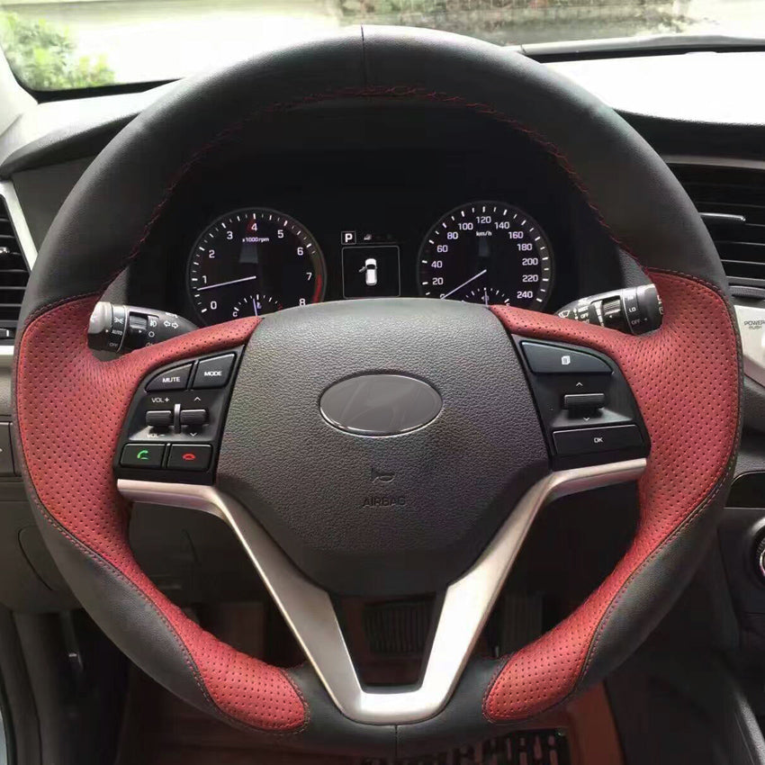 Wine Red Black Leather Hand-stitched Steering Wheel Cover for Hyundai Tucson 2015 2016