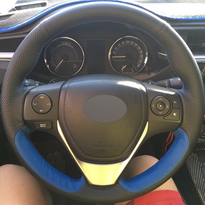 Black Blue Genuine Leather Car Steering Wheel Cover for Toyota RAV4 2013-2016 Toyota Corolla 2014-2016 Scion iM 2016