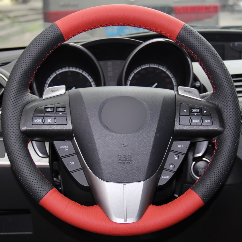 Red Black Genuine Leather Hand-stitched Car Steering Wheel Cover for 2011-2013 Mazda 3 Mazda CX7